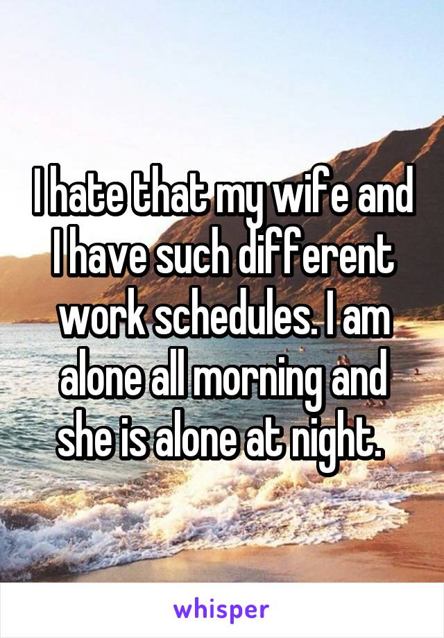 I hate that my wife and I have such different work schedules. I am alone all morning and she is alone at night. 
