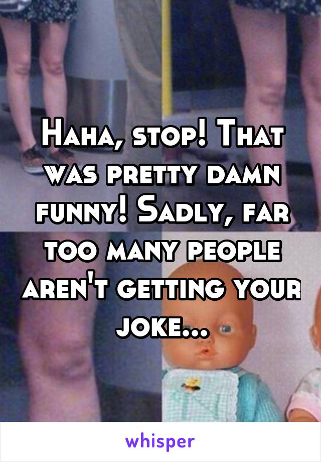 Haha, stop! That was pretty damn funny! Sadly, far too many people aren't getting your joke...