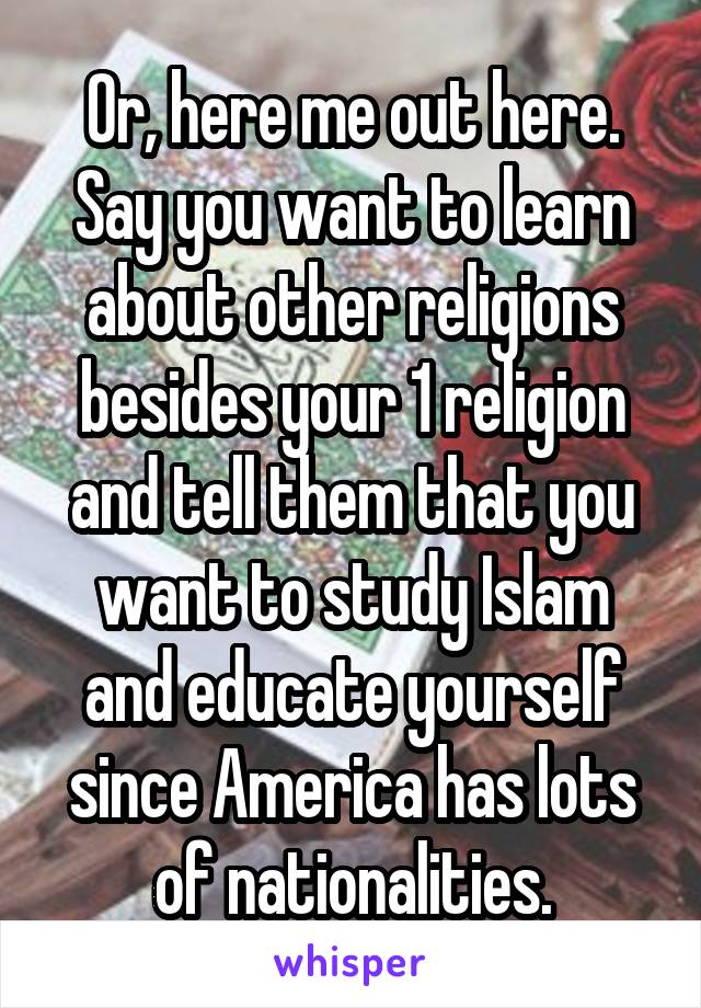 Or, here me out here. Say you want to learn about other religions besides your 1 religion and tell them that you want to study Islam and educate yourself since America has lots of nationalities.