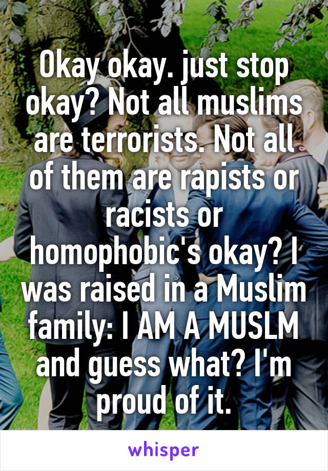 Okay okay. just stop okay? Not all muslims are terrorists. Not all of them are rapists or racists or homophobic's okay? I was raised in a Muslim family: I AM A MUSLM and guess what? I'm proud of it.