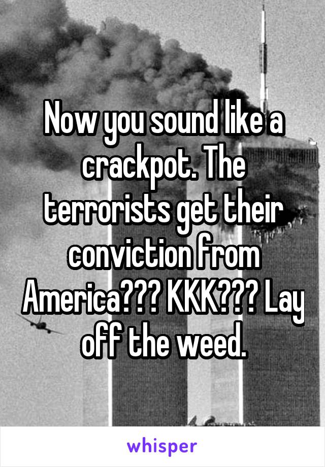 Now you sound like a crackpot. The terrorists get their conviction from America??? KKK??? Lay off the weed.