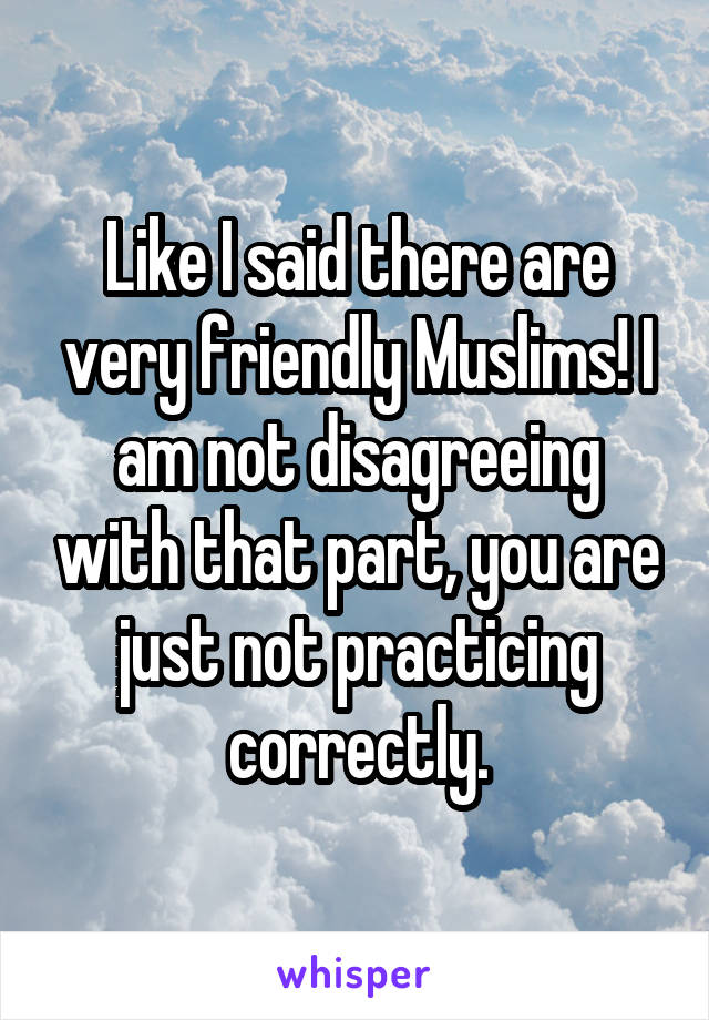 Like I said there are very friendly Muslims! I am not disagreeing with that part, you are just not practicing correctly.