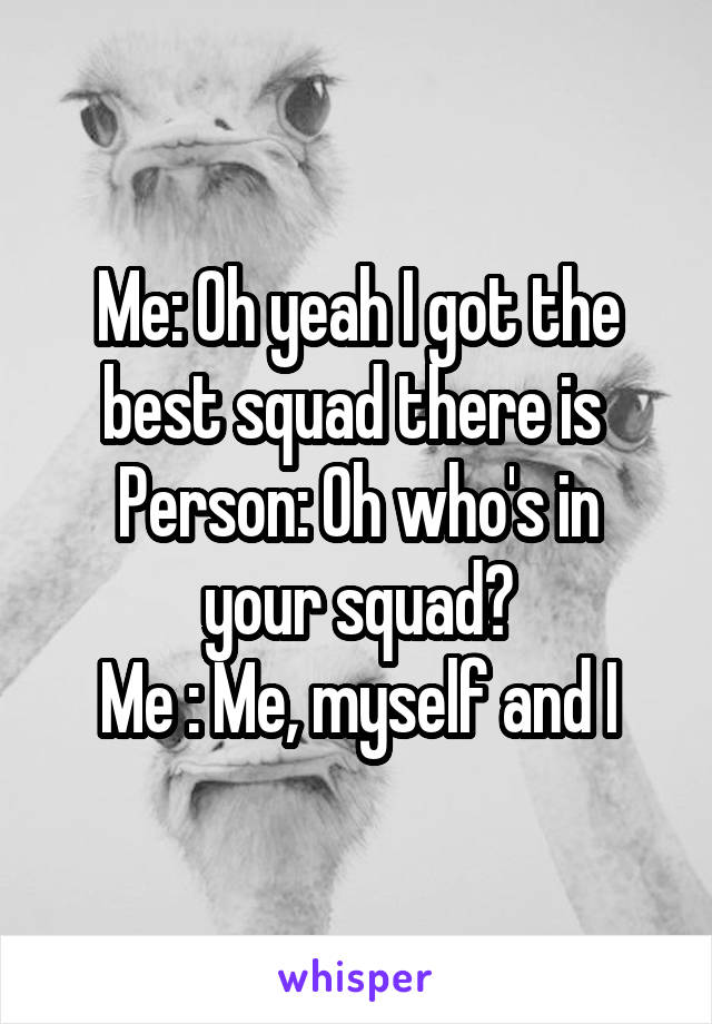 Me: Oh yeah I got the best squad there is 
Person: Oh who's in your squad?
Me : Me, myself and I