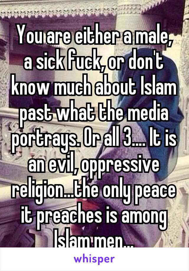 You are either a male, a sick fuck, or don't know much about Islam past what the media portrays. Or all 3.… It is an evil, oppressive religion...the only peace it preaches is among Islam men...