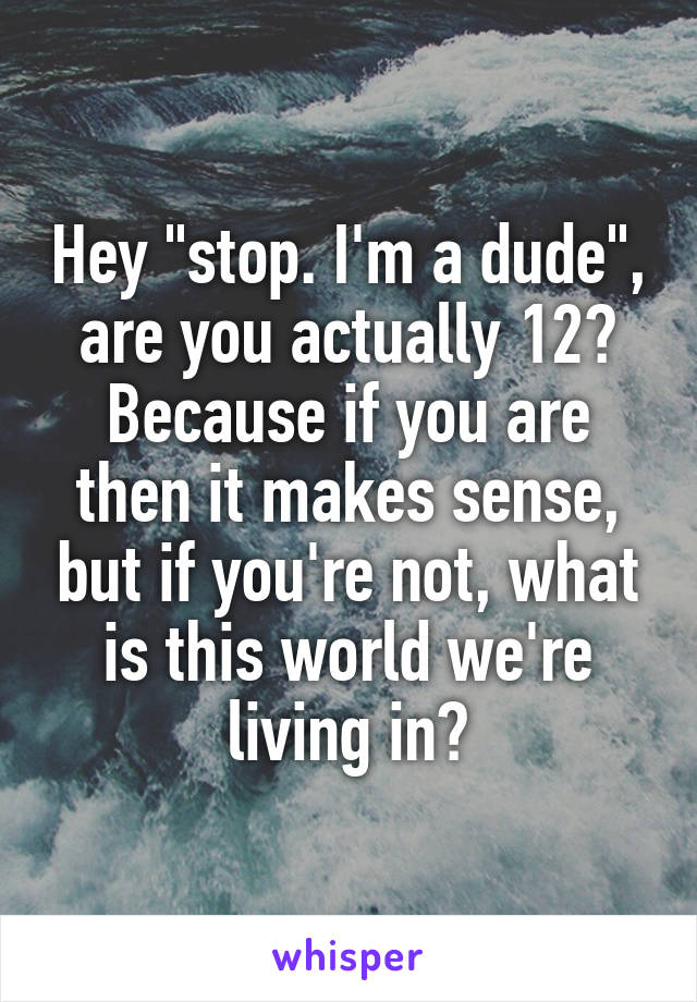 Hey "stop. I'm a dude", are you actually 12? Because if you are then it makes sense, but if you're not, what is this world we're living in?