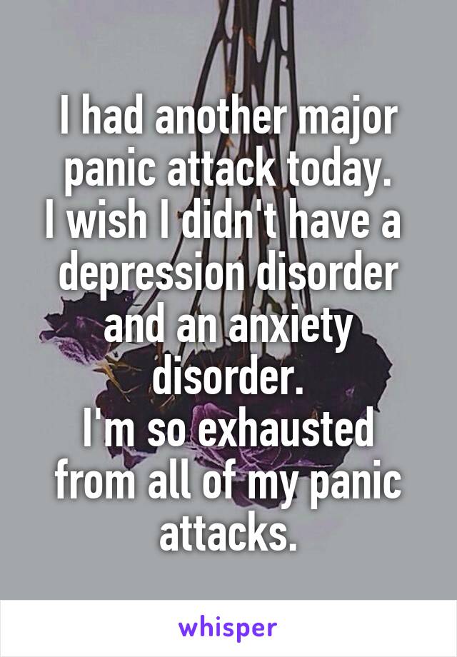 I had another major panic attack today.
I wish I didn't have a  depression disorder and an anxiety disorder.
I'm so exhausted from all of my panic attacks.