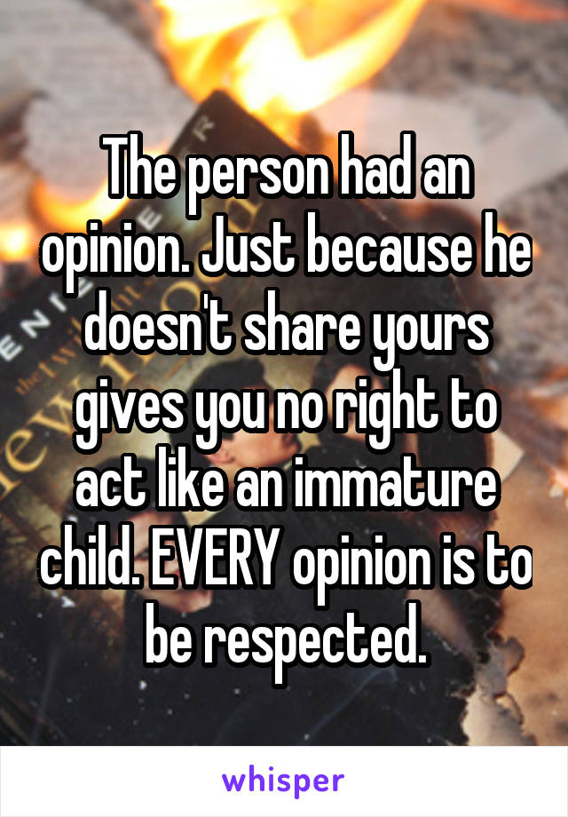 The person had an opinion. Just because he doesn't share yours gives you no right to act like an immature child. EVERY opinion is to be respected.