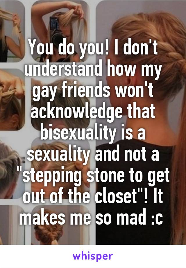 You do you! I don't understand how my gay friends won't acknowledge that bisexuality is a sexuality and not a "stepping stone to get out of the closet"! It makes me so mad :c 