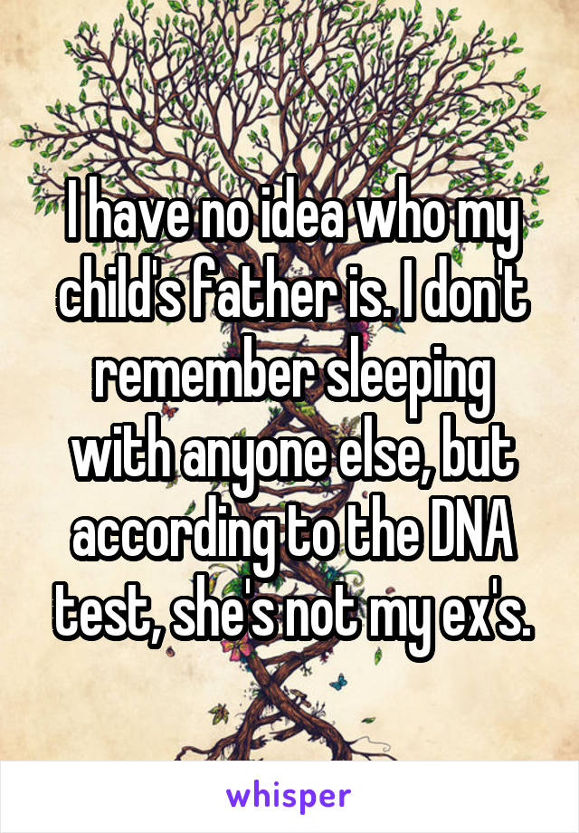 I have no idea who my child's father is. I don't remember sleeping with anyone else, but according to the DNA test, she's not my ex's.