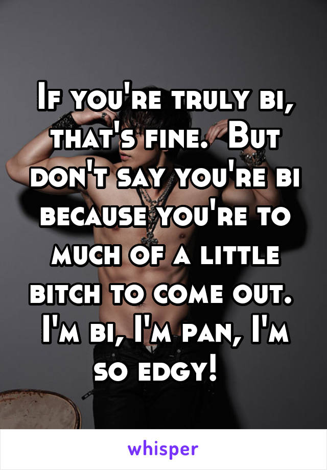 If you're truly bi, that's fine.  But don't say you're bi because you're to much of a little bitch to come out.  I'm bi, I'm pan, I'm so edgy!  