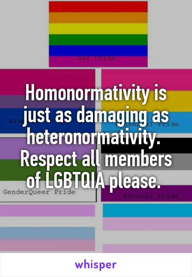 Homonormativity is just as damaging as heteronormativity. 
Respect all members of LGBTQIA please. 