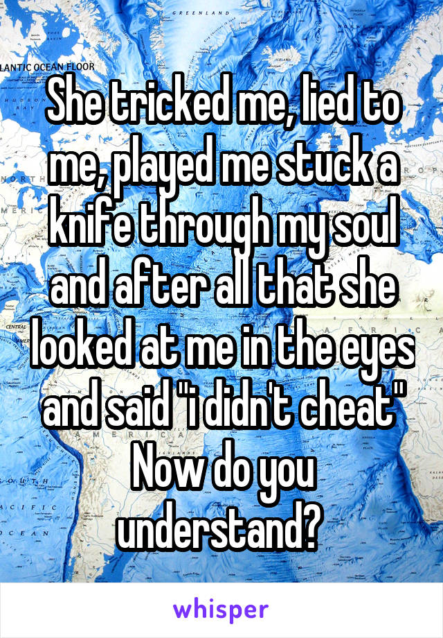 She tricked me, lied to me, played me stuck a knife through my soul and after all that she looked at me in the eyes and said "i didn't cheat"
Now do you understand? 