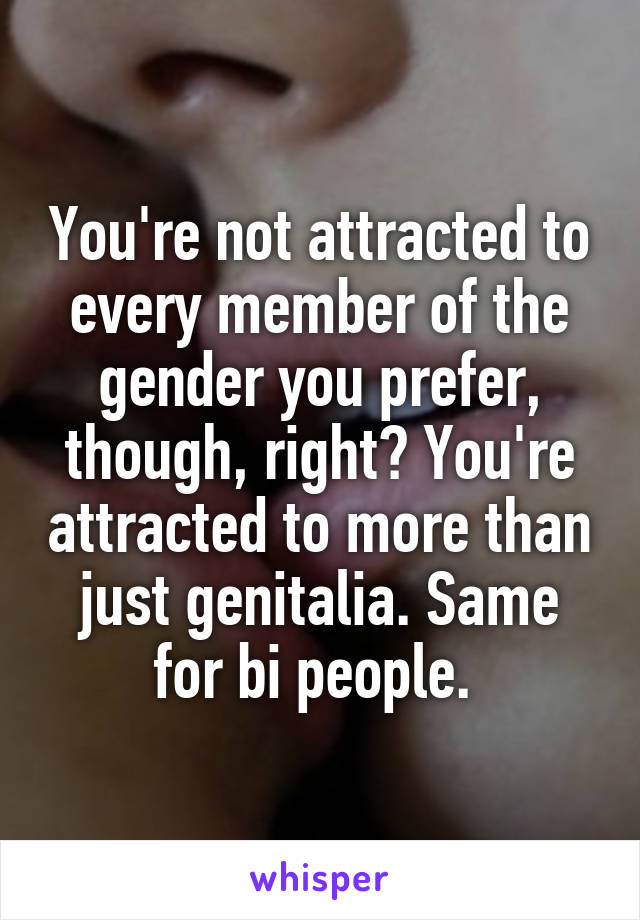 You're not attracted to every member of the gender you prefer, though, right? You're attracted to more than just genitalia. Same for bi people. 