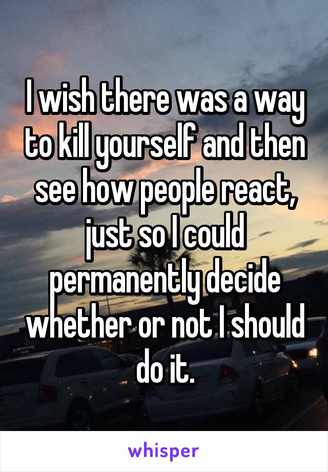 I wish there was a way to kill yourself and then see how people react, just so I could permanently decide whether or not I should do it.