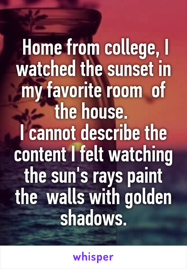  Home from college, I watched the sunset in my favorite room  of the house. 
I cannot describe the content I felt watching the sun's rays paint the  walls with golden shadows.