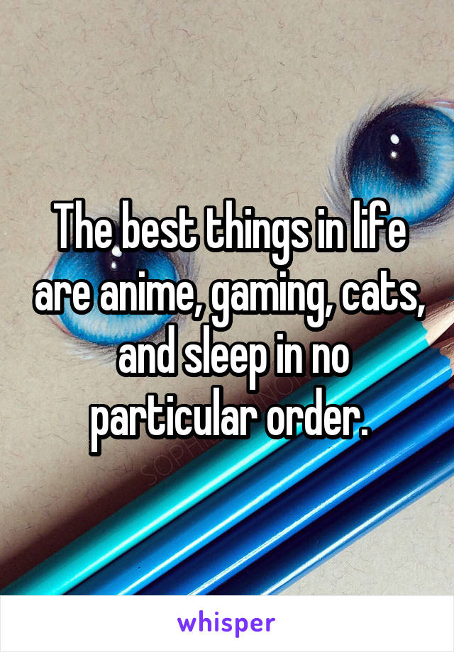 The best things in life are anime, gaming, cats,  and sleep in no particular order.