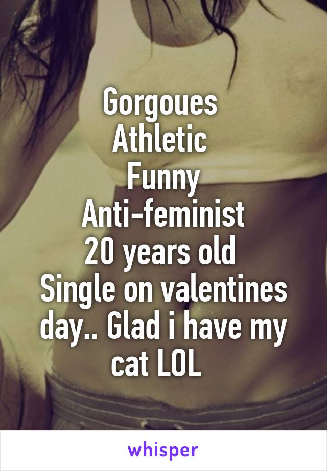 Gorgoues 
Athletic 
Funny
Anti-feminist
20 years old 
Single on valentines day.. Glad i have my cat LOL  