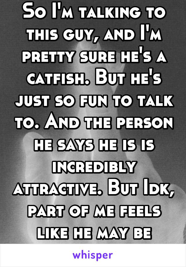 So I'm talking to this guy, and I'm pretty sure he's a catfish. But he's just so fun to talk to. And the person he says he is is incredibly attractive. But Idk, part of me feels like he may be lying. 