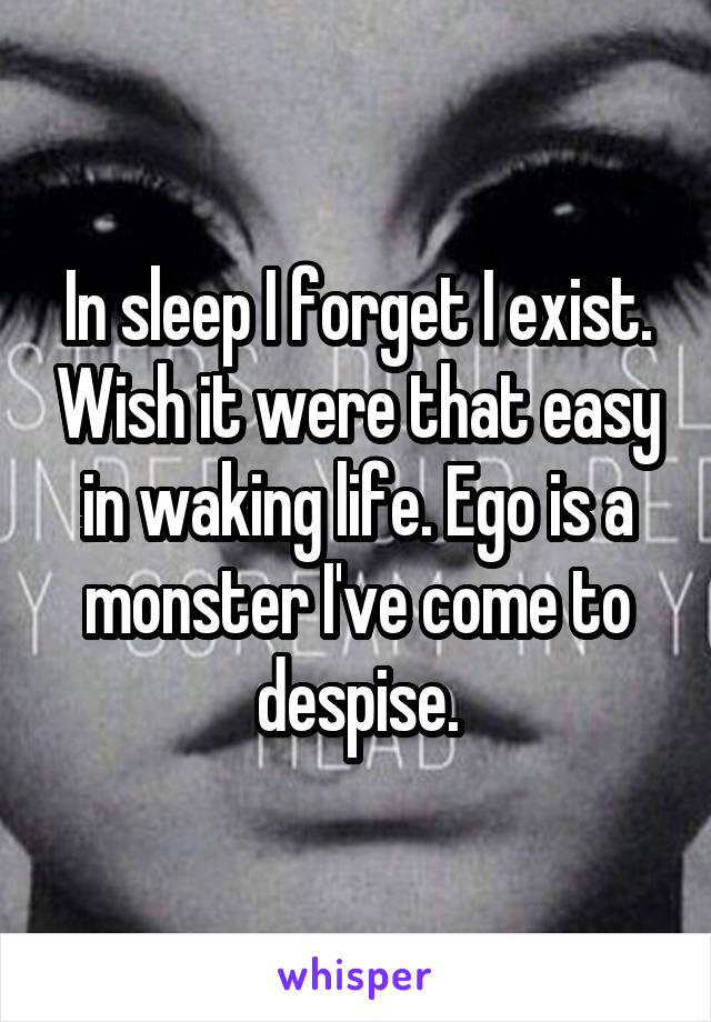 In sleep I forget I exist. Wish it were that easy in waking life. Ego is a monster I've come to despise.