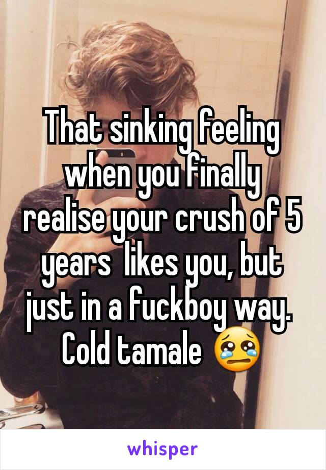 That sinking feeling when you finally realise your crush of 5 years  likes you, but just in a fuckboy way. 
Cold tamale 😢