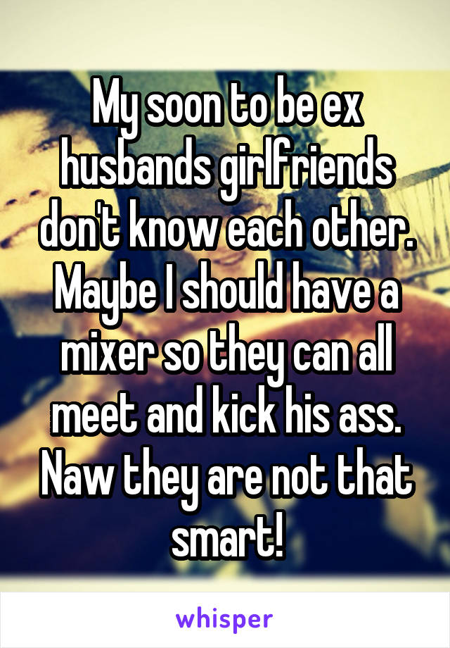 My soon to be ex husbands girlfriends don't know each other.
Maybe I should have a mixer so they can all meet and kick his ass.
Naw they are not that smart!