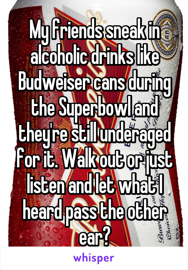 My friends sneak in alcoholic drinks like Budweiser cans during the Superbowl and they're still underaged for it. Walk out or just listen and let what I heard pass the other ear?