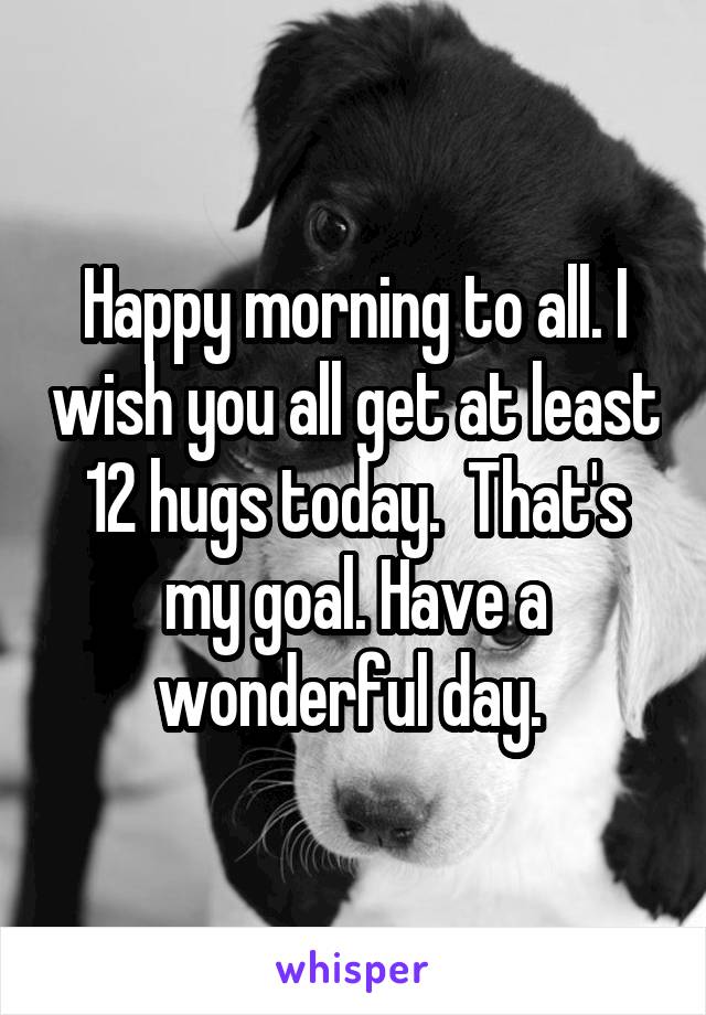 Happy morning to all. I wish you all get at least 12 hugs today.  That's my goal. Have a wonderful day. 