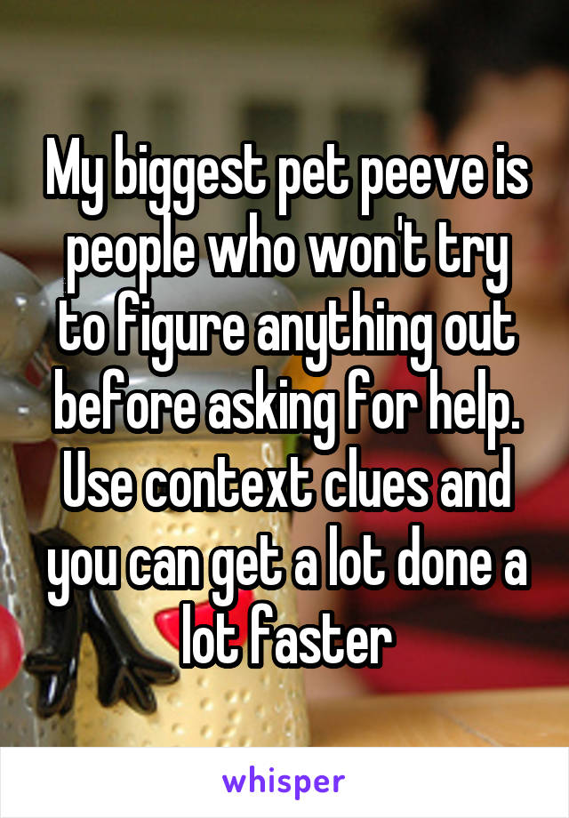 My biggest pet peeve is people who won't try to figure anything out before asking for help. Use context clues and you can get a lot done a lot faster