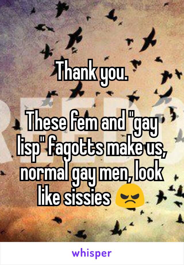 Thank you.

These fem and "gay lisp" fagotts make us, normal gay men, look like sissies 😠