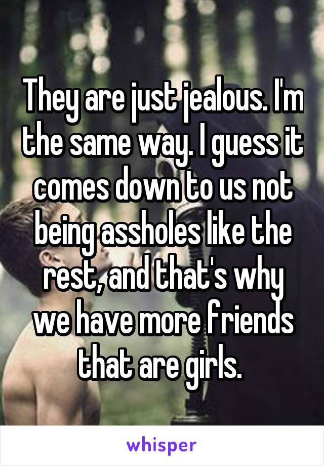 They are just jealous. I'm the same way. I guess it comes down to us not being assholes like the rest, and that's why we have more friends that are girls. 