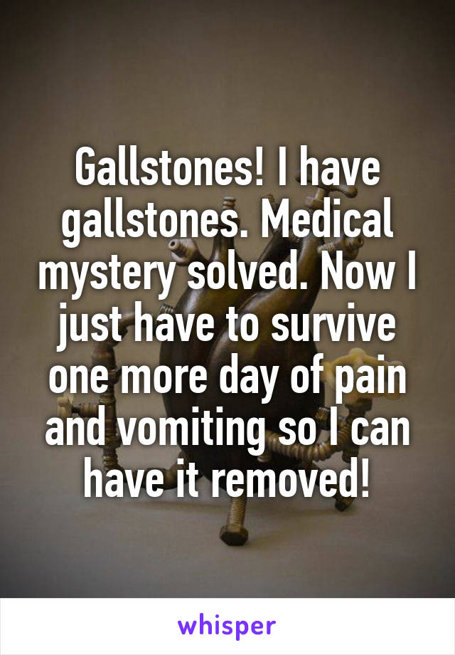 Gallstones! I have gallstones. Medical mystery solved. Now I just have to survive one more day of pain and vomiting so I can have it removed!