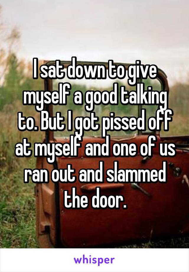 I sat down to give myself a good talking to. But I got pissed off at myself and one of us ran out and slammed the door.