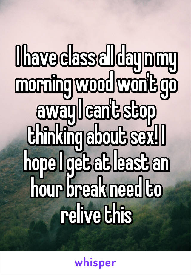 I have class all day n my morning wood won't go away I can't stop thinking about sex! I hope I get at least an hour break need to relive this