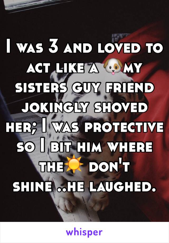 I was 3 and loved to act like a 🐶my sisters guy friend jokingly shoved her; I was protective so I bit him where the☀️ don't shine ..he laughed.