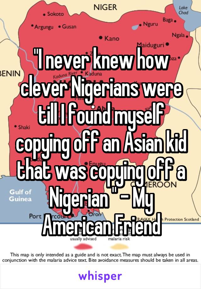 "I never knew how clever Nigerians were till I found myself copying off an Asian kid that was copying off a Nigerian " - My American Friend