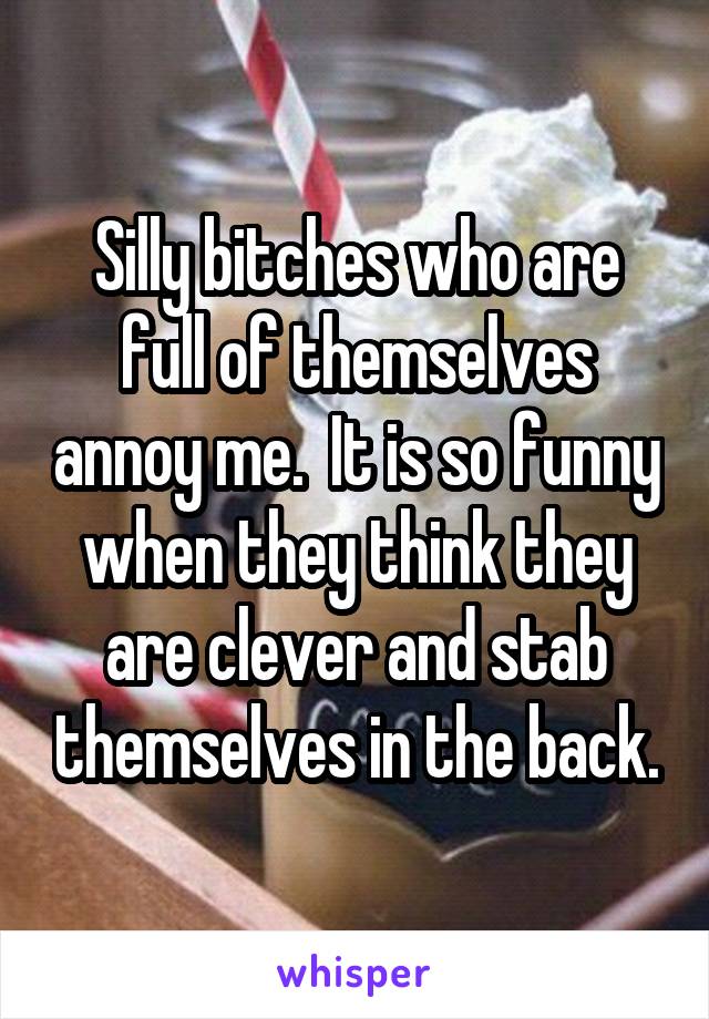 Silly bitches who are full of themselves annoy me.  It is so funny when they think they are clever and stab themselves in the back.