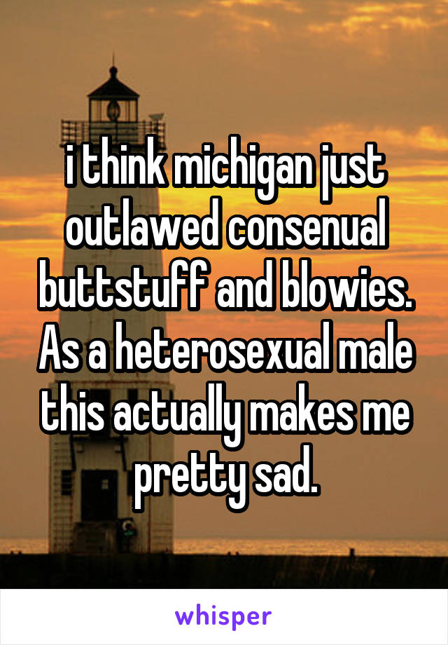 i think michigan just outlawed consenual buttstuff and blowies. As a heterosexual male this actually makes me pretty sad.