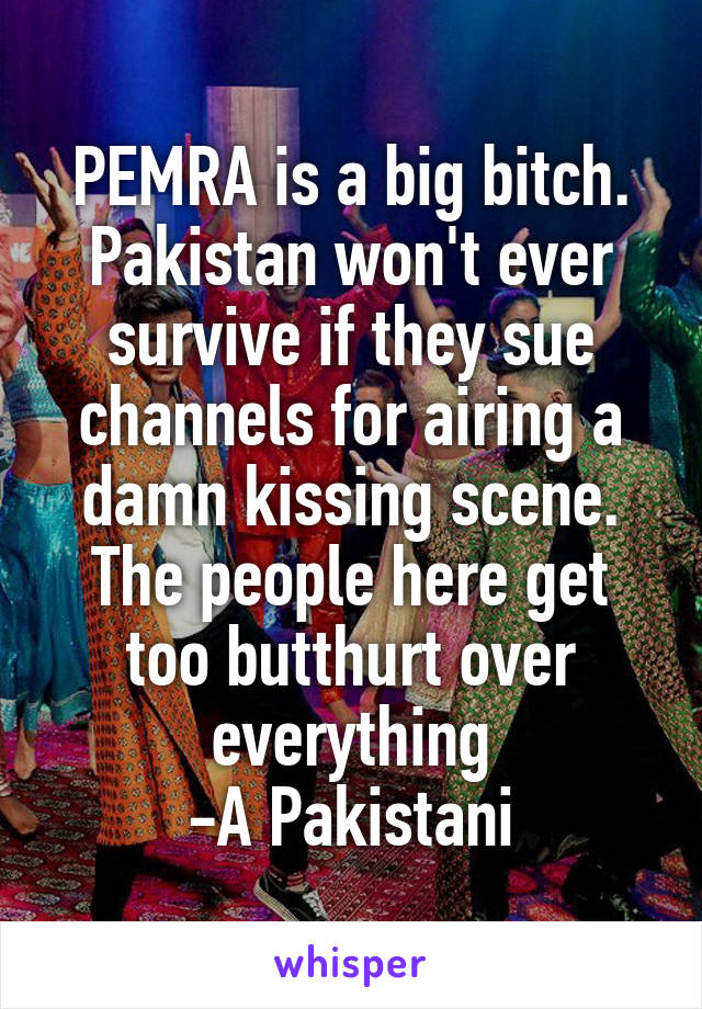 PEMRA is a big bitch. Pakistan won't ever survive if they sue channels for airing a damn kissing scene. The people here get too butthurt over everything
-A Pakistani