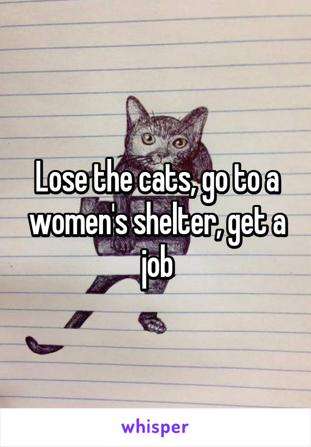 Lose the cats, go to a women's shelter, get a job