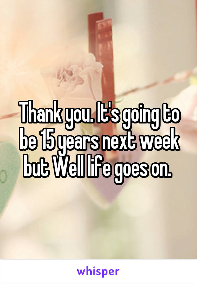 Thank you. It's going to be 15 years next week but Well life goes on. 