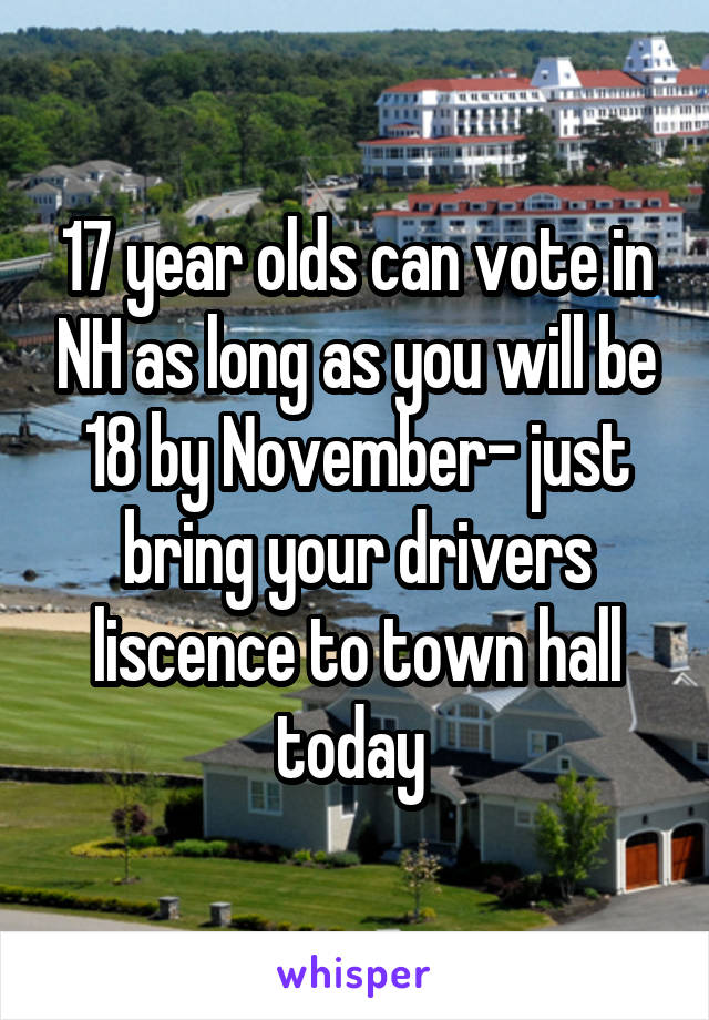 17 year olds can vote in NH as long as you will be 18 by November- just bring your drivers liscence to town hall today 