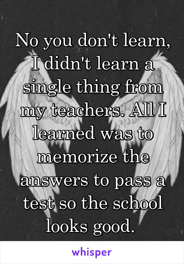 No you don't learn, I didn't learn a single thing from my teachers. All I learned was to memorize the answers to pass a test so the school looks good. 