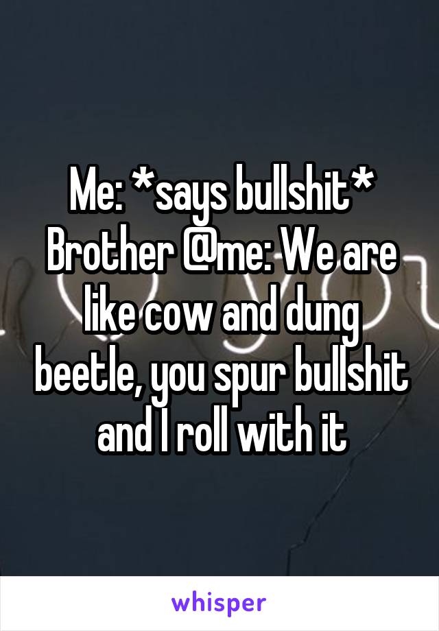 Me: *says bullshit*
Brother @me: We are like cow and dung beetle, you spur bullshit and I roll with it