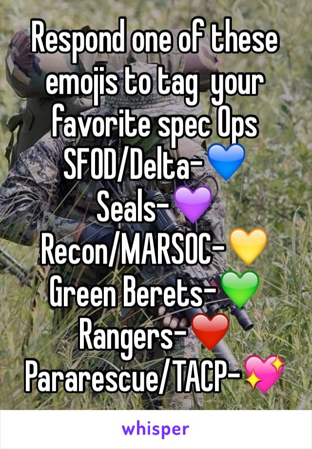 Respond one of these emojis to tag  your favorite spec Ops
SFOD/Delta-💙
Seals-💜
Recon/MARSOC-💛
Green Berets-💚
Rangers-❤️
Pararescue/TACP-💖
