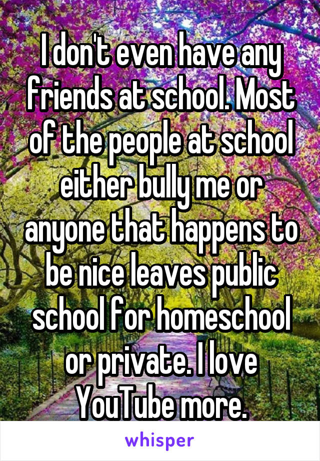 I don't even have any friends at school. Most of the people at school either bully me or anyone that happens to be nice leaves public school for homeschool or private. I love YouTube more.