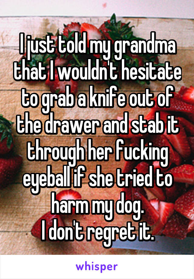 I just told my grandma that I wouldn't hesitate to grab a knife out of the drawer and stab it through her fucking eyeball if she tried to harm my dog.
I don't regret it.