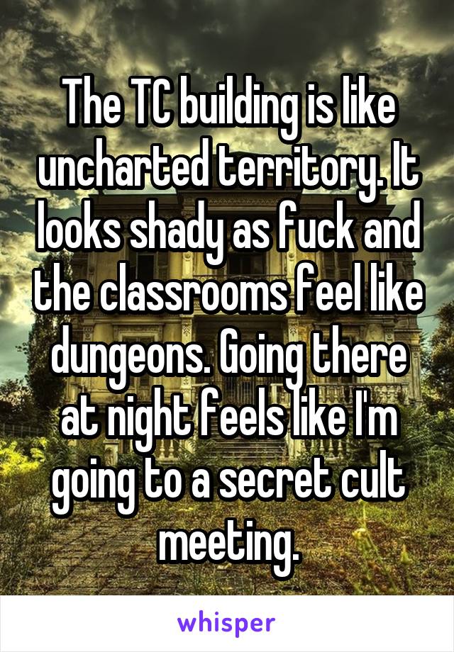 The TC building is like uncharted territory. It looks shady as fuck and the classrooms feel like dungeons. Going there at night feels like I'm going to a secret cult meeting.