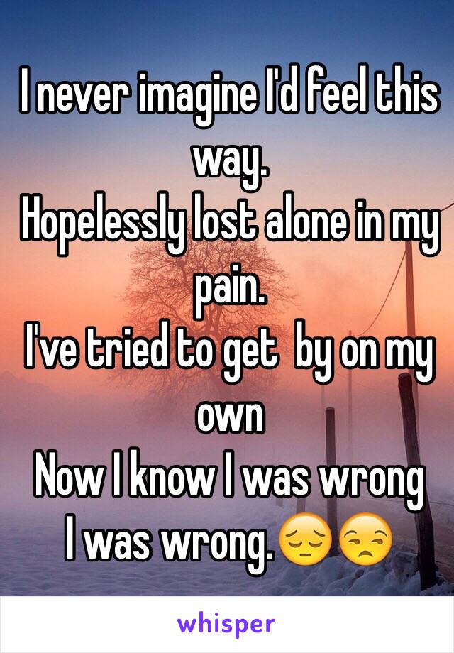 I never imagine I'd feel this way. 
Hopelessly lost alone in my pain. 
I've tried to get  by on my own 
Now I know I was wrong 
I was wrong.😔😒
