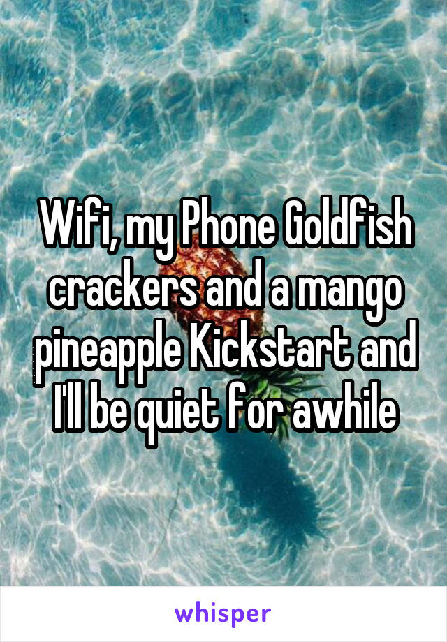 Wifi, my Phone Goldfish crackers and a mango pineapple Kickstart and I'll be quiet for awhile