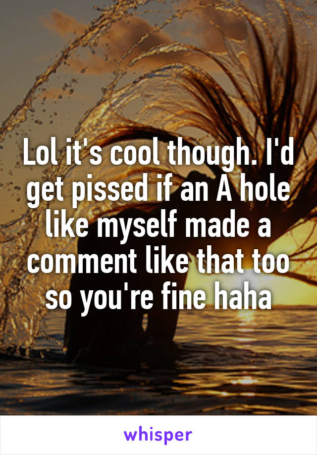 Lol it's cool though. I'd get pissed if an A hole like myself made a comment like that too so you're fine haha